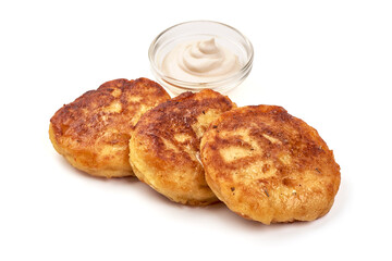 Potato pancakes with sour cream, isolated on white background