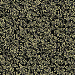 Baroque wallpaper. Seamless vector background of ornate decorative leaves in art deco style. Damask, black vintage curls, fabric, packaging