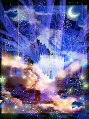 Naklejka premium The silhouette of European beautiful castle and purple color dead branches in starry night sky background 