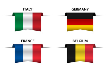 Set of four Italian, German, Belgian and French flag ribbons. Made in Italy, Made in France, Made in Germany and Made in Belgium stickers and labels. Vector simple icons with flags
