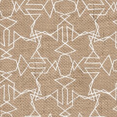 Seamless burlap with white paint pattern overlay. High quality illustration. Real burlap fabric texture with digital pattern on top for print in various surface design uses. Great for interiors.