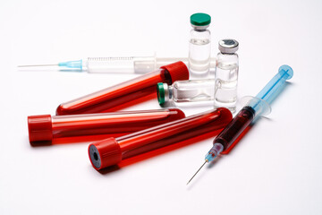 medical ampoule vials, test tubes with blood samples and syringe on light background