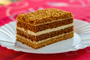 A close-up photo of a piece of delicious honey cake of many layers filled with honey and sour crème presented on white plate on pink tablecloth