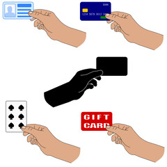 The hand holds various types of cards. Set of vector illustrations hand with ID card, hand with credit card, hand with playing card, hand with discount gift card, silhouette of hand with card on white