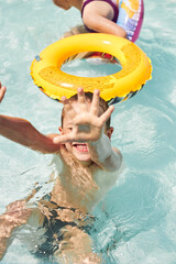 summer, playing, backyard, fun, happiness, playful, swimming pool, vacation, kid, inflatable ring - obrazy, fototapety, plakaty