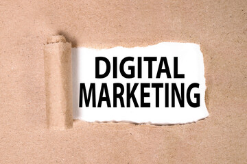 digital marketing, text on white paper on torn paper background