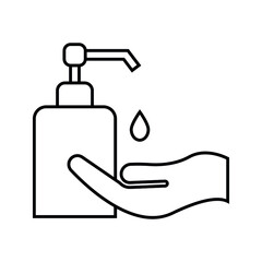 Fototapeta premium Washing hand with sanitizer liquid soap vector line icon on white background