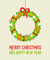 Merry Christmas and Happy New Year postcard. Wreath illustration