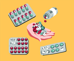 vector set of palm with pills or drugs