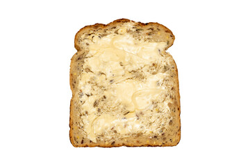 Wholemeal sliced bread and butter which has breakfast health benefits cut out and isolated on a white background, close up studio shot stock photo image