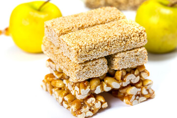 Cereal granola bar with nuts. Energy healthy snack. Protein muesli bars. Top view