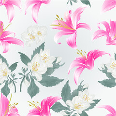 Seamless texture Spring flowers Lily pink Daylily and jasmine watercolor vintage vector illustration editable hand draw © zdenat5