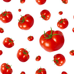 Big ripe tomato on white background, seamless pattern.  Background from red tomatoes.