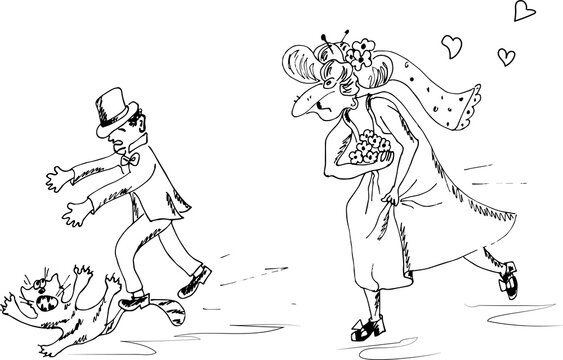 Valentines day. Wedding comico. Vector illustration in hand drawing style.
