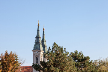 Church clocktower steeple of the serbian orthodox church of hram uspenja presvete bogorodice temple, also called church of the assumption of mother of god in Pancevo Voivodina, Serbia with its clock