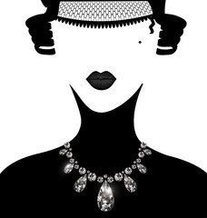 white background, dark lady and jewel diamond necklace