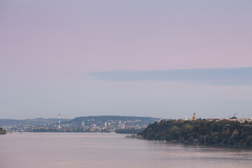 Panorama of Zemun with its gardos tower and the city of belgrade seen from the Danube river, or Dunav. Belgrade is the capital city of Serbia, and Zemun one of its suburbs.
