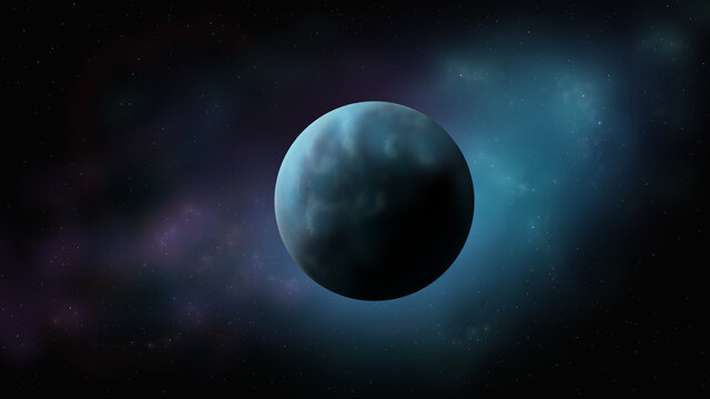 Blue ice planet art illustration. Big water planet with two moons. Popular space exploration project for future study astrology. One big alien world cartoon game design. Rare real world picture.