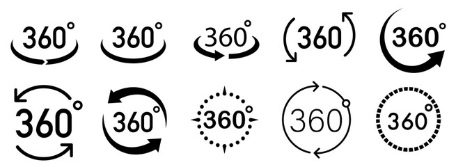 360 Degrees View Vector set. Signs with arrows to indicate the rotation or panoramas to 360 degrees. Vector icon symbol. Vector illustration. - obrazy, fototapety, plakaty