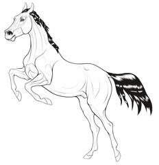 Fototapeta na wymiar Horse reared before jumping. Prancing stallion pricked up its ears and prepared to overcome an obstacle. Black and white vector design element for equestrian goods and coloring books.