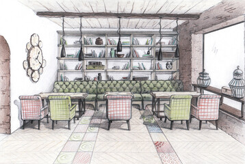 interior sketch design cafe in eco style view of the rack chairs and tables pencil drawing in color