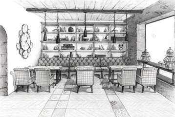 interior sketch design cafe in eco style view of the shelving chairs and tables pencil drawing