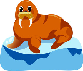 cute walrus on ice. Sefe world ocean. Ecology. Hand drawn flat vector isolated illustration on white background. Concept for logo print, cards  