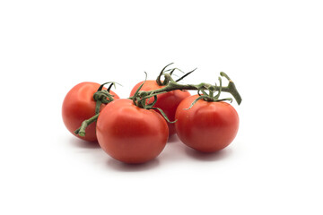 Closeup of fresh tomatoes on branch on white background