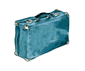 hand-drawn watercolor illustration. on the floor is an old closed blue leather suitcase. isolated.