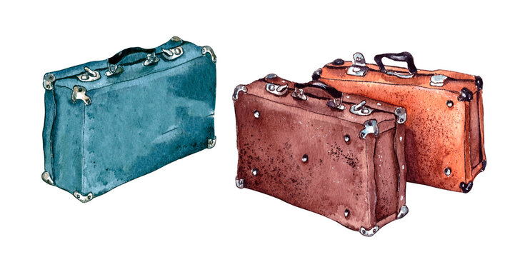 Leather Suitcase Vintage Retro Antique Travel Watercolor set