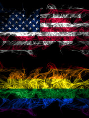 United States of America, America, US, USA, American vs Gay, Pride smoky mystic flags placed side by side. Thick colored silky abstract smoke flags