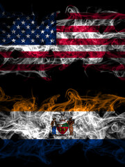United States of America, America, US, USA, American smoky mystic flags placed side by side. Thick...