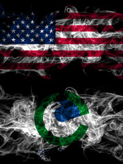 United States of America, America, US, USA, American smoky mystic flags placed side by side. Thick colored silky abstract smoke flags.