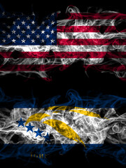 United States of America, America, US, USA, American smoky mystic flags placed side by side. Thick colored silky abstract smoke flags.