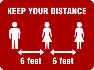 Keep Your Distance 6 Feet or 6 ft Horizontal Social Distancing Instruction Icon with an Aspect Ratio of 4:3 and Rounded Corners. Vector Image.