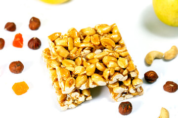 Cereal granola bar with nuts. Energy healthy snack. Protein muesli bars. Top view