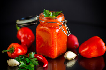 fresh natural homemade sauce made of peppers, tomatoes and other vegetables