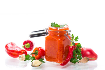 fresh natural homemade sauce made of peppers, tomatoes and other vegetables