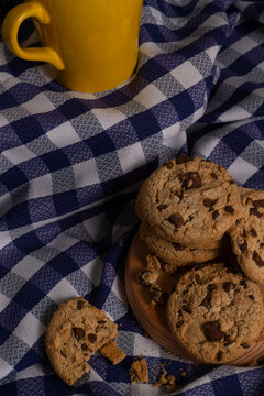 Cookies with chocolate chips in a blue background