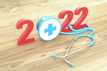 New Year 2022 Creative Design Concept with stethoscope - 3D Rendered Image	