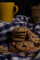 Cookies with chocolate chips in a blue background