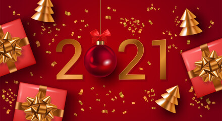 Happy New Year 2021 elegant luxury greeting card, banner or poster design template with gift box and gold confetti. Vector illustration