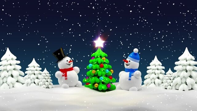 Christmas tree and snowman in winter forest snowy night scene. Looped animation.