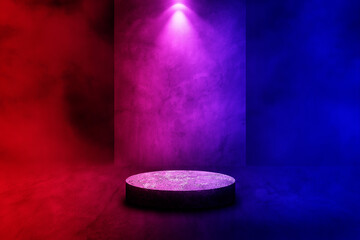 Empty space of Studio dark room stone stage or podium with fog or mist and lighting effect red and blue on concrete floor grunge texture background.