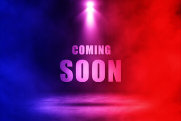 Coming soon text with red and blue spotlighting effect.