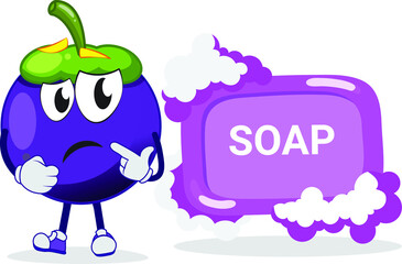 
Funny mango Steen character thinking deeply standing in front of a big SOAP