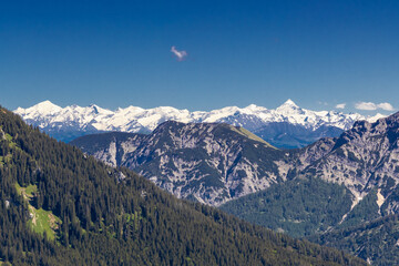 Panoramic view of mountain range (Großglockner, Hörndl, Hohe Riffl, Johannisberg, Bärenkopf, Klocknerin, Kitzsteinhorn, Großes Wiesbachhorn)