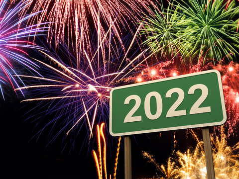 New Year 2022 Creative Design Concept with Sign Board and fire crackers - 3D Rendered Image	
