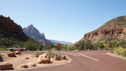 Angels Landing at Zion National Park with Navajo Sandstone Mountains and Cliffs in Utah, USA.