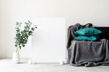 mock up poster frame with decorations on white wall background